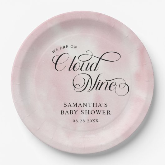 Moderne Aquarellfarbe Rosa Cloud Nine Baby Dusche Pappteller (Vorderseite)
