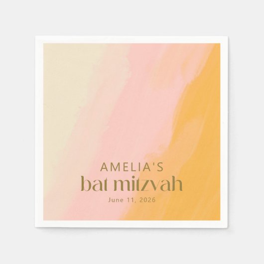 Moderne Aquarellfarbe Rosa Gelbe Bat Mitzvah Serviette (Vorderseite)