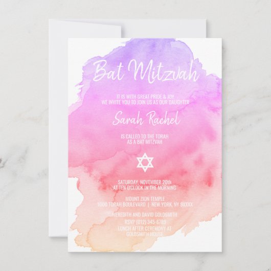 Moderne Aquarellfarbe Rosa Stern BAT MITZVAH Einla Einladung (Vorderseite)