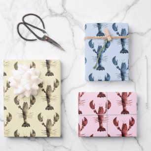 Moderne Aquarellfarben Beige Blaue Rosa Hummer Geschenkpapier Set