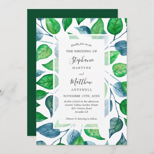 Moderne Aquarellfarben Blätter Foliage Wedding Einladung (Vorne/Hinten)