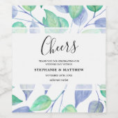 Moderne Aquarellfarben Blau Grüne Blätter Hochzeit Weinetikett (Einzelnes Label)