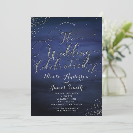 Moderne Aquarellfarben Blau Silberne Hochzeitsfeie Einladung (Stehend Vorderseite)