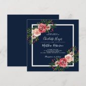 Moderne Aquarellfarben Blume Blauer Winter Hochzei Einladung (Vorne/Hinten)