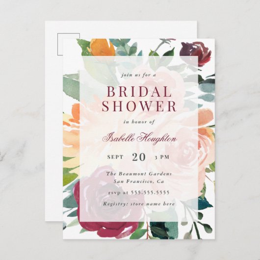 Moderne Aquarellfarben Blume Frühjahr Brautparty Einladungspostkarte (Vorne/Hinten)