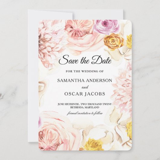 Moderne Aquarellfarben, Blumenrahmen Save The Date (Vorderseite)