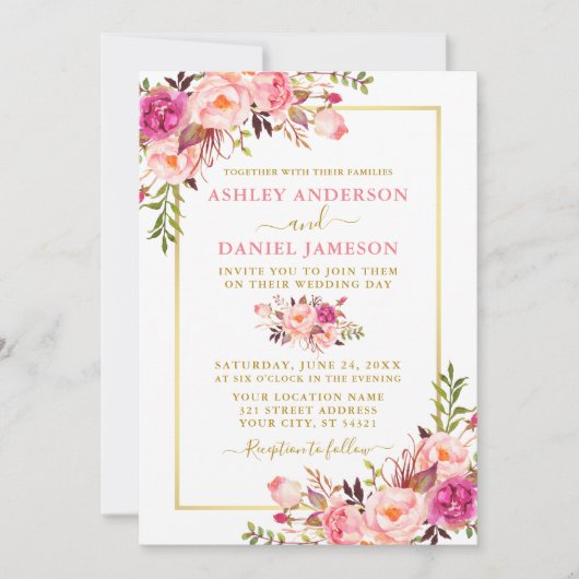 Moderne Aquarellfarben Blütenrosa Blush Gold Hochz Einladung (Vorderseite)