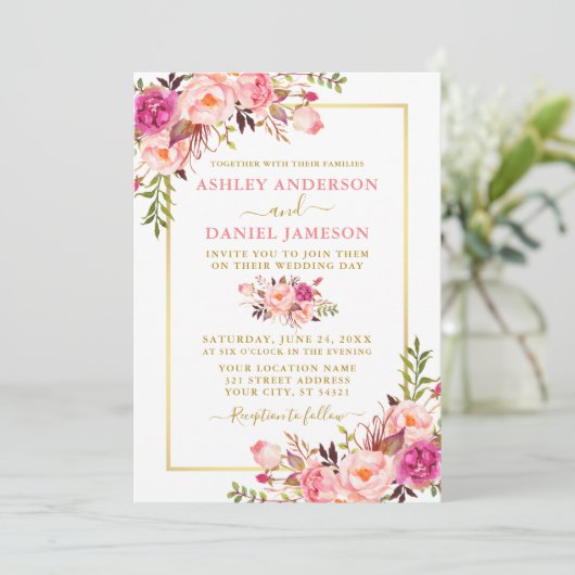 Moderne Aquarellfarben Blütenrosa Blush Gold Hochz Einladung (Stehend Vorderseite)