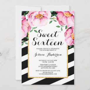 Moderne Aquarellfarben Floral Streifen Sweet 16 Einladung