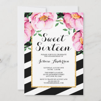 Moderne Aquarellfarben Floral Streifen Sweet 16 Einladung