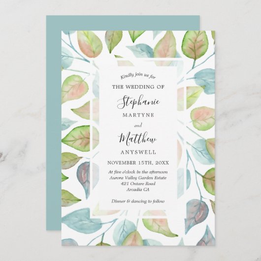 Moderne Aquarellfarben gestrichene Blätter Foliage Einladung (Vorne/Hinten)