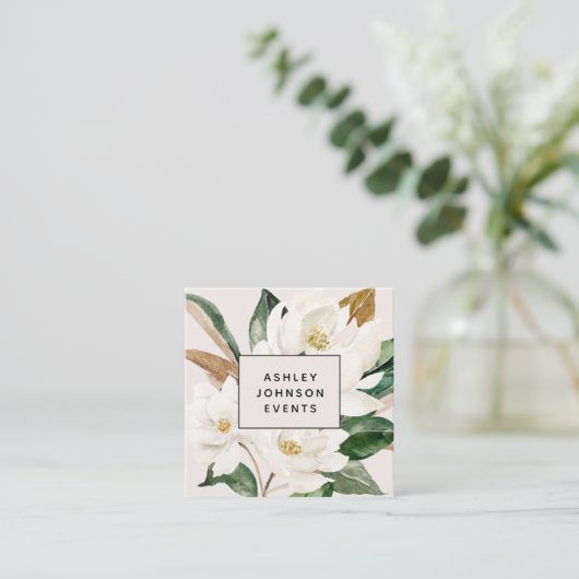 Moderne Aquarellfarben Magnolia Blush und Schwarze Quadratische Visitenkarte (Stehend Vorderseite)