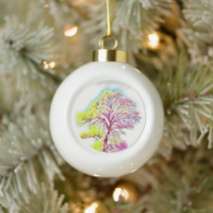Moderne Aquarellfarben mit bunten, schneebedeckten Keramik Kugel-Ornament