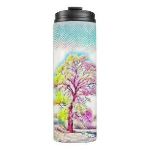 Moderne Aquarellfarben mit bunten, schneebedeckten Thermosbecher