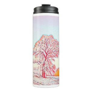 Moderne Aquarellfarben mit bunten, schneebedeckten Thermosbecher