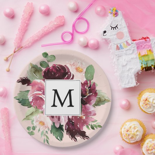 Moderne Aquarellfarben Mit Monogramm Pappteller (Party)