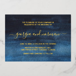 Moderne Aquarellfarben-Navy-Blue-Wedding Gold Folieneinladung