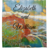 Moderne Aquarellfarben Orange und grüne Muscheln Duschvorhang (Vorderseite)