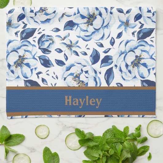 Moderne Aquarellfarben Pastellblau Blumen Muster N Geschirrtuch (Gefaltet)