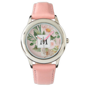 Moderne Aquarellfarben Rosa Blume Mit Monogramm Armbanduhr