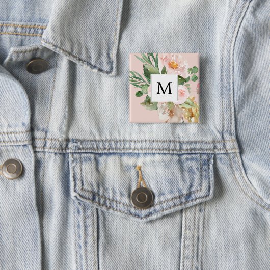 Moderne Aquarellfarben Rosa Blume Mit Monogramm Button (Beispiel)