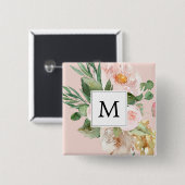 Moderne Aquarellfarben Rosa Blume Mit Monogramm Button (Vorne & Hinten)