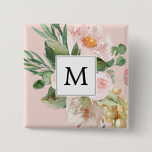 Moderne Aquarellfarben Rosa Blume Mit Monogramm Button (Vorderseite)