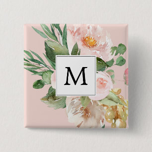 Moderne Aquarellfarben Rosa Blume Mit Monogramm Button
