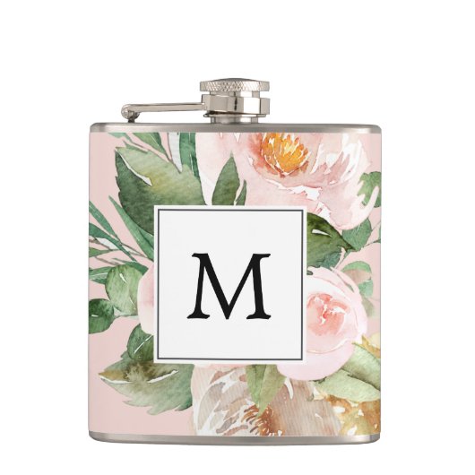 Moderne Aquarellfarben Rosa Blume Mit Monogramm Flachmann (Vorderseite)