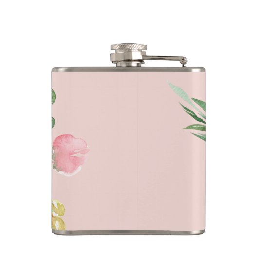 Moderne Aquarellfarben Rosa Blume Mit Monogramm Flachmann (Rückseite)