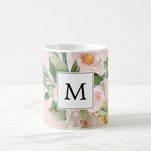 Moderne Aquarellfarben Rosa Blume Mit Monogramm Kaffeetasse (Mittel)