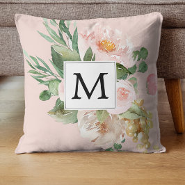 Moderne Aquarellfarben Rosa Blume Mit Monogramm Kissen