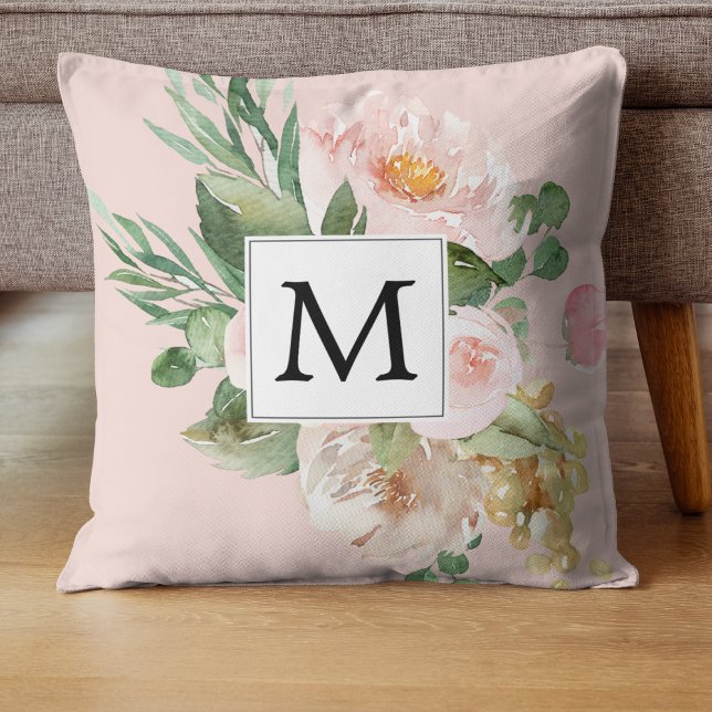 Moderne Aquarellfarben Rosa Blume Mit Monogramm Kissen (Von Creator hochgeladen)