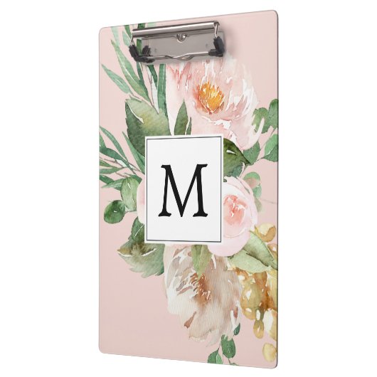 Moderne Aquarellfarben Rosa Blume Mit Monogramm Klemmbrett (Links)