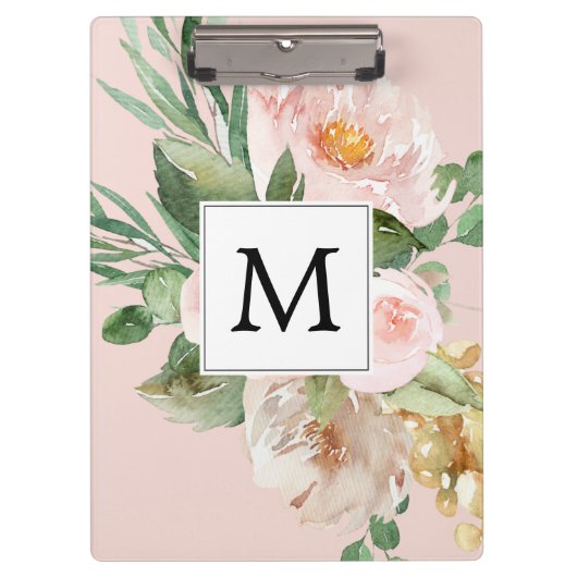 Moderne Aquarellfarben Rosa Blume Mit Monogramm Klemmbrett (Vorderseite)