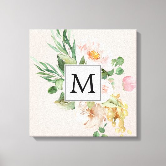 Moderne Aquarellfarben Rosa Blume Mit Monogramm Leinwanddruck (Vorderseite)