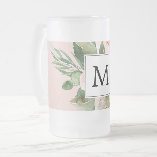 Moderne Aquarellfarben Rosa Blume Mit Monogramm Mattglas Bierglas (Vorderseite Links)