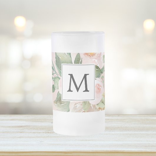 Moderne Aquarellfarben Rosa Blume Mit Monogramm Mattglas Bierglas