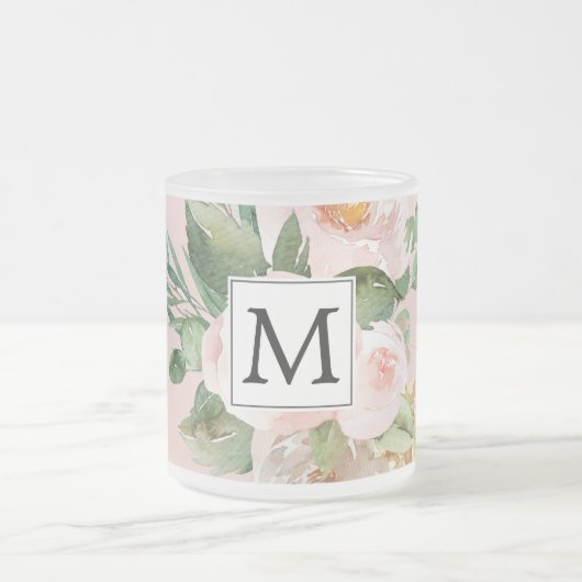 Moderne Aquarellfarben Rosa Blume Mit Monogramm Mattglastasse (Mittel)