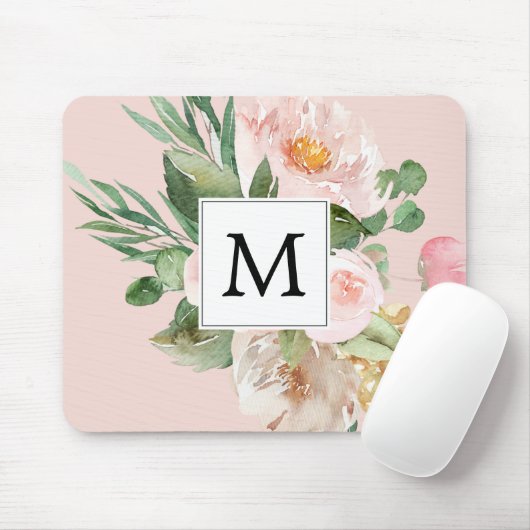 Moderne Aquarellfarben Rosa Blume Mit Monogramm Mousepad (Mit Mouse)