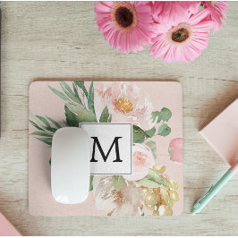 Moderne Aquarellfarben Rosa Blume Mit Monogramm Mousepad