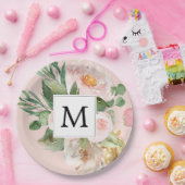 Moderne Aquarellfarben Rosa Blume Mit Monogramm Pappteller (Party)