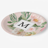 Moderne Aquarellfarben Rosa Blume Mit Monogramm Pappteller (Schrägansicht)