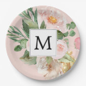 Moderne Aquarellfarben Rosa Blume Mit Monogramm Pappteller (Vorderseite)