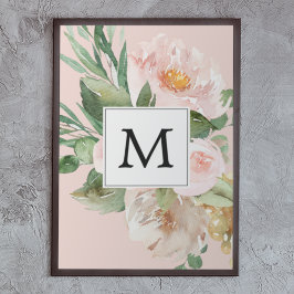 Moderne Aquarellfarben Rosa Blume Mit Monogramm Poster