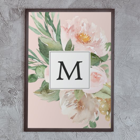 Moderne Aquarellfarben Rosa Blume Mit Monogramm Poster