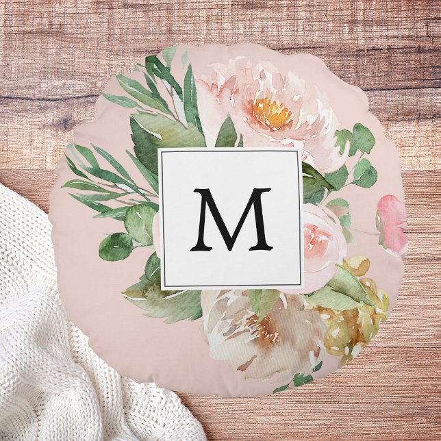 Moderne Aquarellfarben Rosa Blume Mit Monogramm Rundes Kissen (Von Creator hochgeladen)
