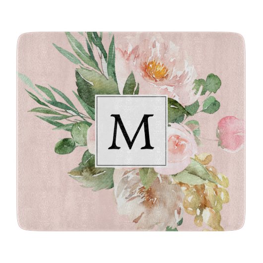 Moderne Aquarellfarben Rosa Blume Mit Monogramm Schneidebrett (Vorderseite)