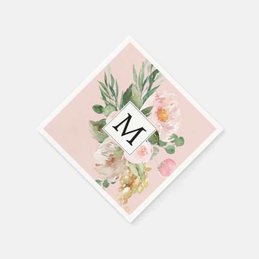 Moderne Aquarellfarben Rosa Blume Mit Monogramm Serviette (Ecke)