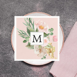 Moderne Aquarellfarben Rosa Blume Mit Monogramm Serviette